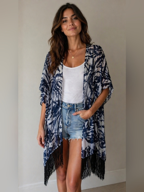 None Other - Navy and White Fringe Kimono